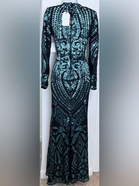 Dress the Population Black and Teal Sequin Long Sleeve Gown